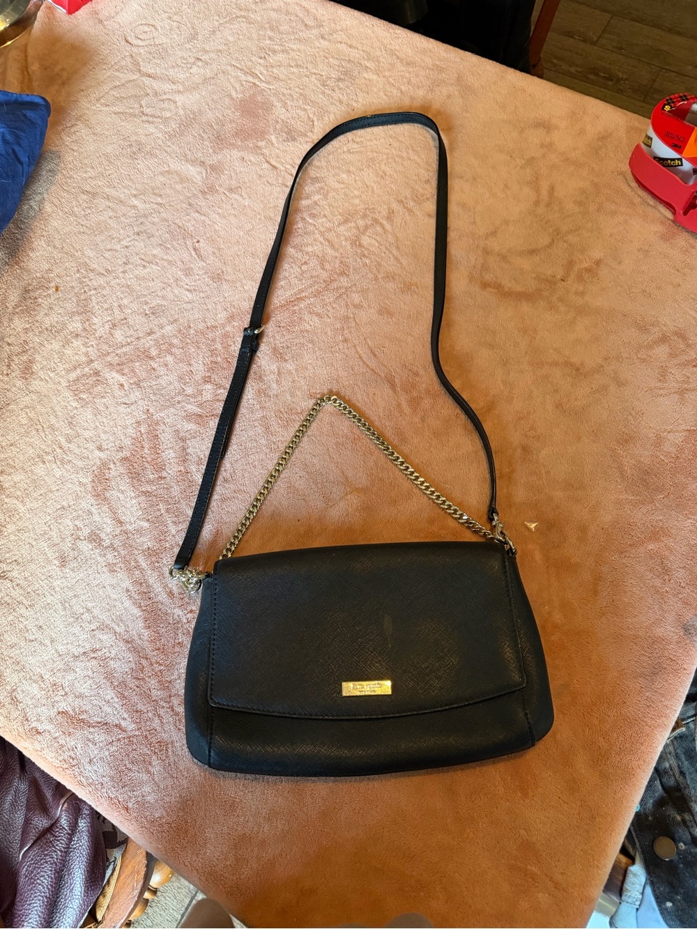 kate spade Black Leather Crossbody Bag with Gold Chain